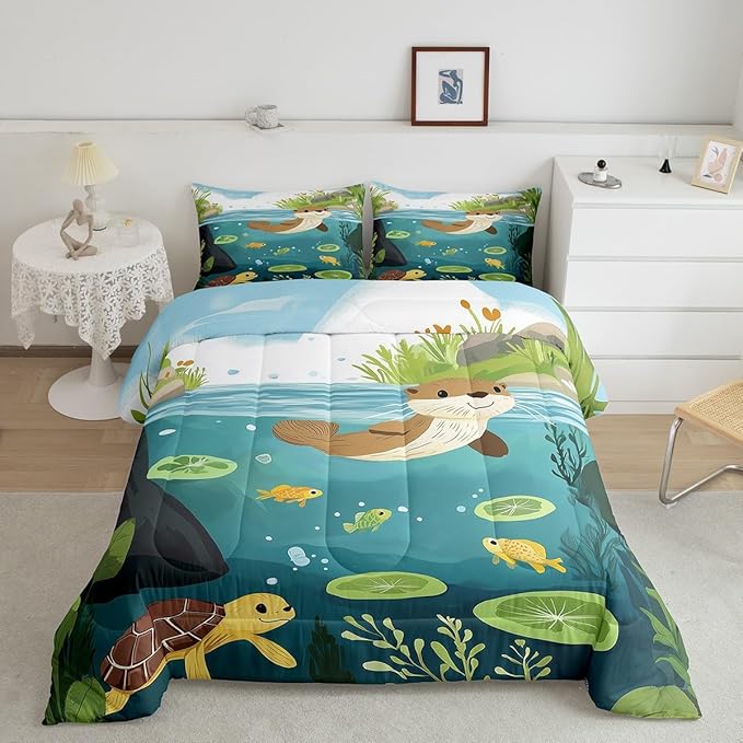 Cartoon Otter Kids Toddler Comforter Set Cute Turtle Fish Wild Animals Bedding Sets for Boys Girls Teens Green Lotus Leaf Natural Scenery Rustic Quilted Comforter with 1 Pillowcase 2 Pcs