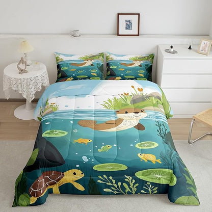 Cartoon Otter Kids Bedding Sets Cute Turtle Fish Wild Animals Comforter Set for Boys Girls Teens Green Lotus Leaf Natural Scenery Rustic Comforter Duvet Set with 2 Pillowcases Full Size 3 Pcs