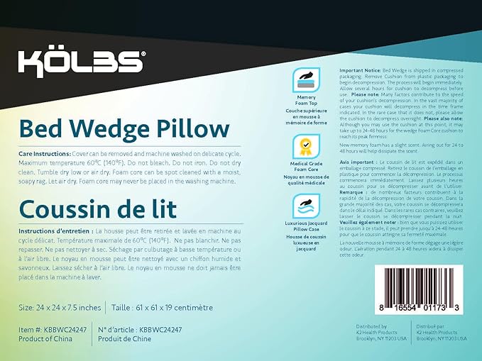 Kolbs Bed Wedge Pillow for Sleep Apnea, Acid Reflux, and Back Pain Relief, with Chic Jacquard Cover - Headboard Gerd Pillow Wedges for Sleeping (Standard Width 7.5" Height)
