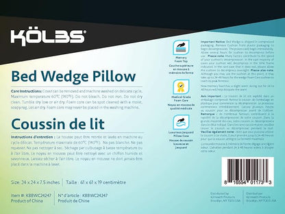 Kolbs Bed Wedge Pillow for Sleep Apnea, Acid Reflux, and Back Pain Relief, with Chic Jacquard Cover - Headboard Gerd Pillow Wedges for Sleeping (Standard Width 7.5" Height)