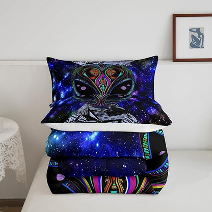 Feelyou Alien Printed Comforter Kids Galaxy Outer Space Themed Bedding Set Boys Girls Trippy Alien Hippie Skull Decor Comforter Set Colorful Tie Dye Quilted Duvet Bedroom Bed Set Toddler Size