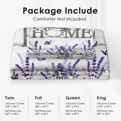Lavender Theme 3 Pieces Duvet Cover Comforter Set with 2 Pillowcase Full Size Purple Flower Bed Sheet Quilt Bedroom Bedding for Lover Kids
