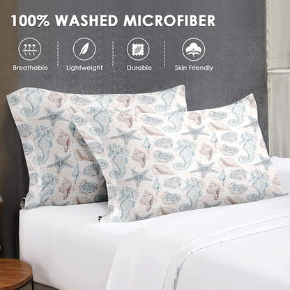 Twin Size Comforter Set with Pillowcase, Sea Shells Seahorse Coral Soft 2 Pcs Bedding for Kids and Adults, Underwater Seashell Retro Comforter Set for Room Bedroom Bed Decor