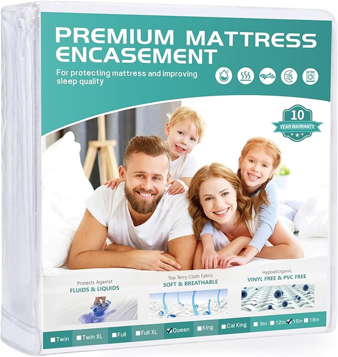 Queen Mattress Protector Waterproof Fits 12/13 /14/15 Inch Deep, 6-Sides Zippered Mattress Encasement Cover Terry Top