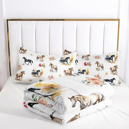 Horse Comforter Bedding Set for Boys Girls Kids Teens, Watercolor Painting Horse and Flowers Print Bedding Set Full Size