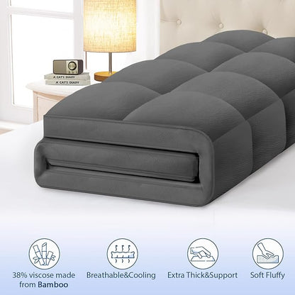 ELEMUSE King Grey Cooling Bamboo Viscose Mattress Topper for Back Pain, Extra Thick Mattress Pad Cover, Plush Soft Pillowtop with Elastic Deep Pocket, Overfilled Down Alternative Filling