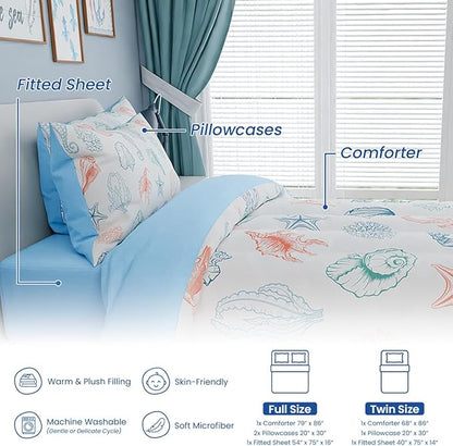 Kids Bedding Set for Girls Boys, Ultra Soft Microfiber Comforter Set Full Size with 4-Pieces, Seashell Ocean Comforters Bed Sets for Kid Children Teen Tween Bedroom Decor