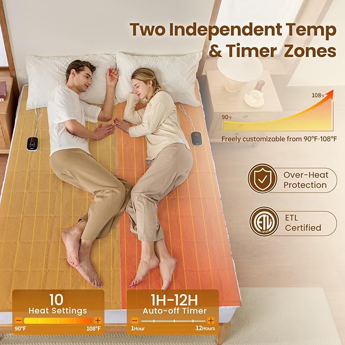 Bearhug Electric Heated Mattress Pads Queen Size 60”×80” Sherpa Bed Warmer with 16” Deep Pocket 10 Heat Settings 12-Hour Timer Machine Washable White