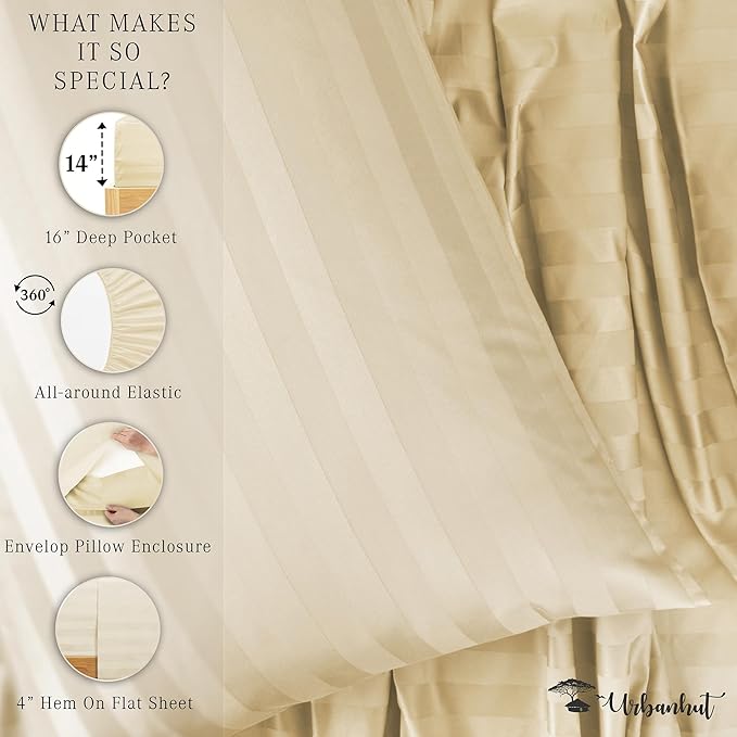 URBANHUT 1000 Thread Count Damask Striped Twin Size Egyptian Cotton Sheets, Long Staple Soft & Breathable, 4 Pc Bed Sheet Sets, Luxury Hotel Sateen Sheets Fits 16" Deep Pocket - Sand