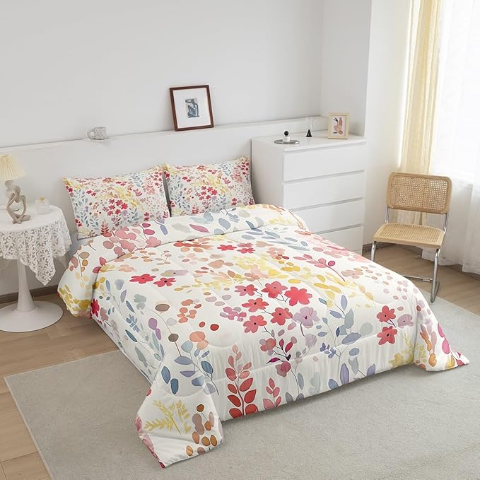 Erosebridal Cute Red Floral Comforter Set King Size,Boho Colorful Flower Bedding Set for Kids Girls Bedroom Decor,Watercolor Wild Flowers Quilt Bed Set Rustic Wildflower Bed Comforter Set 3Pcs