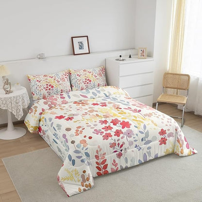 Erosebridal Cute Red Floral Comforter Set Twin Size,Boho Colorful Flower Bedding Set for Kids Girls Bedroom Decor,Watercolor Wild Flowers Quilt Bed Set Rustic Wildflower Bed Comforter Set 2Pcs