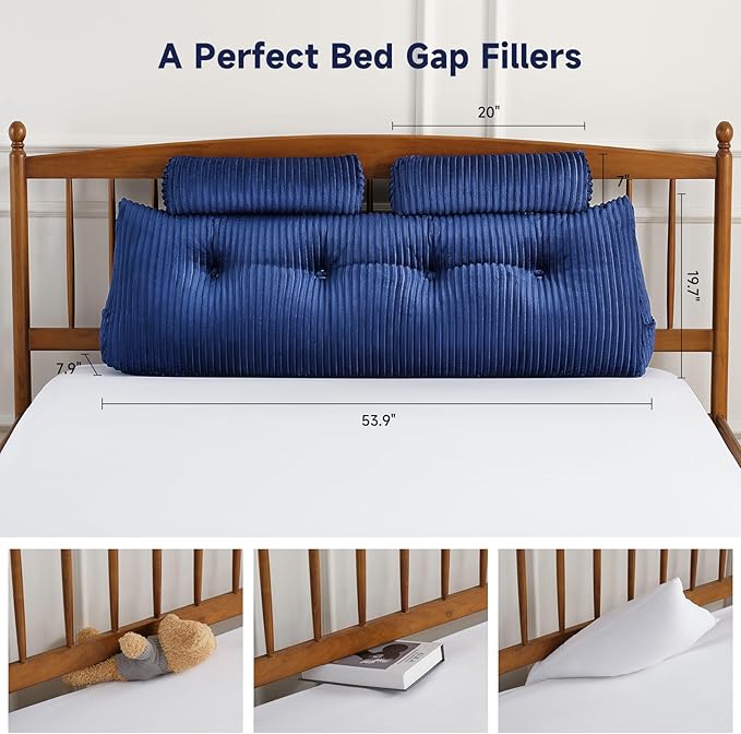 Z-hom Large Wedge Pillow Headboard, Full Triangular Headboard Pillow, Reading Pillow Bed with a Roll Pillow for Bed Sitting Up Sleeping, Backrest Cushion Headboard Gap Pillow for Back,Blue