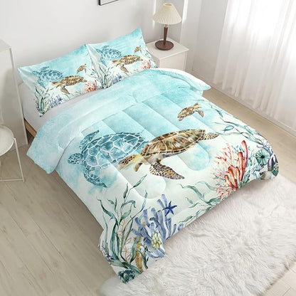 CVHOUSE Ocean Watercolor Sea Turtle Bedding Set for Kids Teens - Full Size Comforter, Duvet Set, Quilt Set