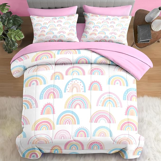 Comforter Set Full Size, Cute Cartoon Rainbow 7 Pcs Bedding for Kids and Adults, Pink Boho Nursery Bed Sheet Sets with Fitted Sheet 2 Pillowcases & 2 Shams for Bedroom Bed Decor
