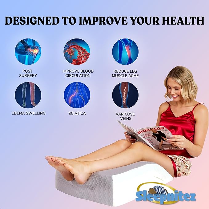 Bed Wedge Leg Elevation Pillows for After Surgery, Swelling Blood Circulation, 8" Memory Foam Leg Elevating Pillow for Both Legs, Back Hip Foot Ankle Pain Relief, Sciatica, Edema Relief Washable Cover