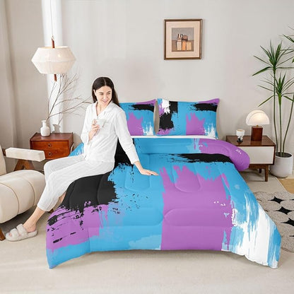 Feelyou Abstract Comforter Modern Abstract Art Comforter Set for Boys Girls Children Purple Blue Black Pattern Bedding Set Room Decor Full Size Duvet Set 3Pcs