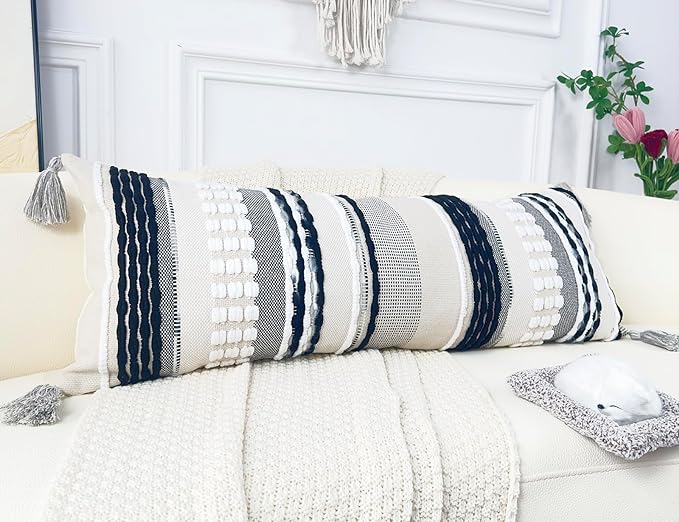 Chenille and Cotton Long Pillow for Bed, Striped Textured Boho Lumbar Throw Pillow Cover 14x36, Neutral Accent Decorative Extra Long Body Pillow Case for Couch, Sofa, Bedroom, Black and White