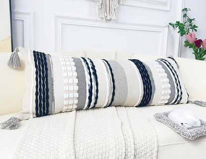 Chenille and Cotton Long Pillow for Bed, Striped Textured Boho Lumbar Throw Pillow Cover 12x36, Neutral Accent Decorative Extra Long Body Pillow Case for Couch, Sofa, Bedroom, Black and White
