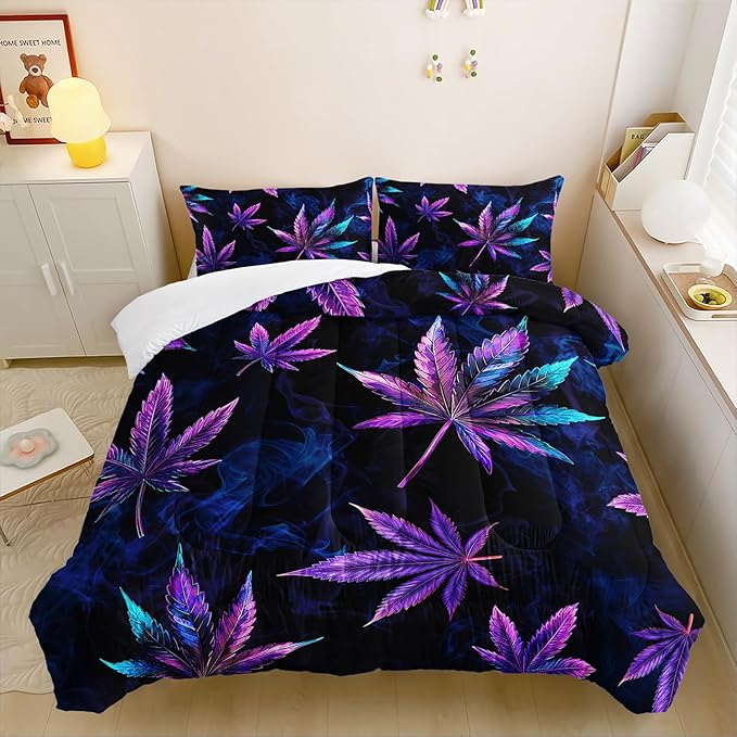 Marijuana Leaf Themed Comforter 3Pcs Queen Tie Dye Weed Leaves Herb Botanical Bedding Set for Kid Teen Girl Boy Adult Room Decor Fog Cannabis Leaves Quilt with 1 Comforter and 2 Pillowcases