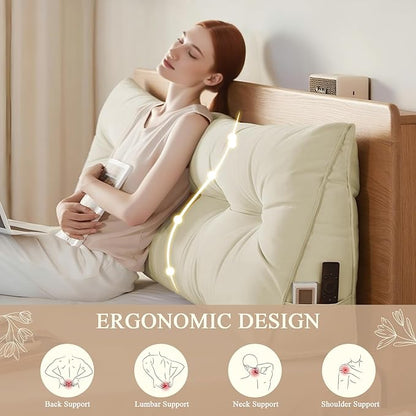 Headboard Pillow Queen, Large Triangular Wedge Headboard Pillow for Reading and Resting, Backrest Positioning Support Pillow with Removable Cover (Beige)