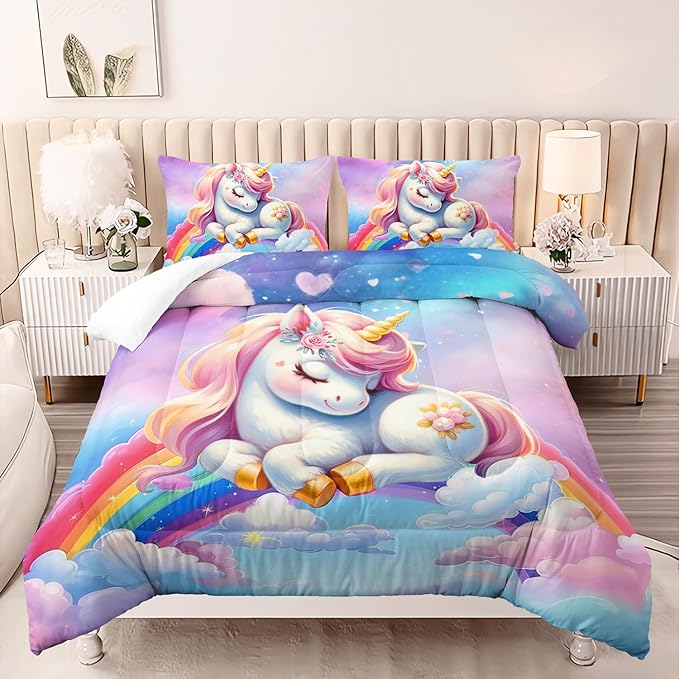 Pink Blue Unicorn Comforter 3pcs Twin Kids Clouds Rainbow Flowers Quilt Boys Girls Bedding Set Cute Printed Fantasy Room Decor Bed Set with 1 Comforter and 2 Pillowcases