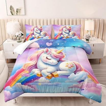 Pink Blue Unicorn Comforter 3pcs Twin Kids Clouds Rainbow Flowers Quilt Boys Girls Bedding Set Cute Printed Fantasy Room Decor Bed Set with 1 Comforter and 2 Pillowcases