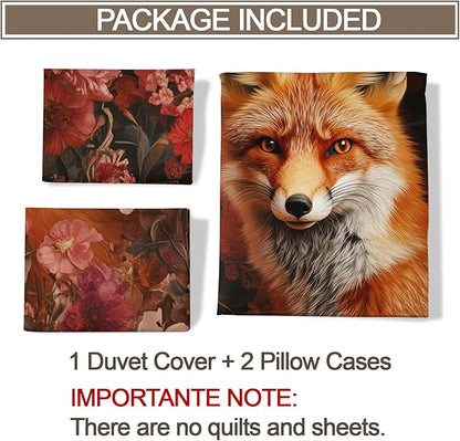 Fox Print Duvet Cover California King, Colorful Flowers Fox Bedding Set 3 Piece Bedroom Decor Vintage Animal Floral Comforter Cover and 2 Pillow Sham with Zipper Closure