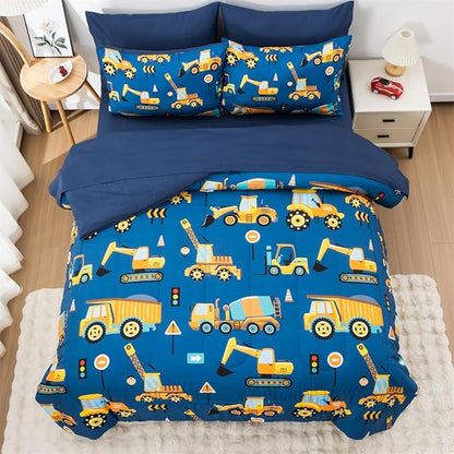 NTBED 5 Pieces Construction Truck Full Comforter Set for Boys Kids Bed in a Bag Vehicles Excavator Lightweight Microfiber Bedding Sets,Blue