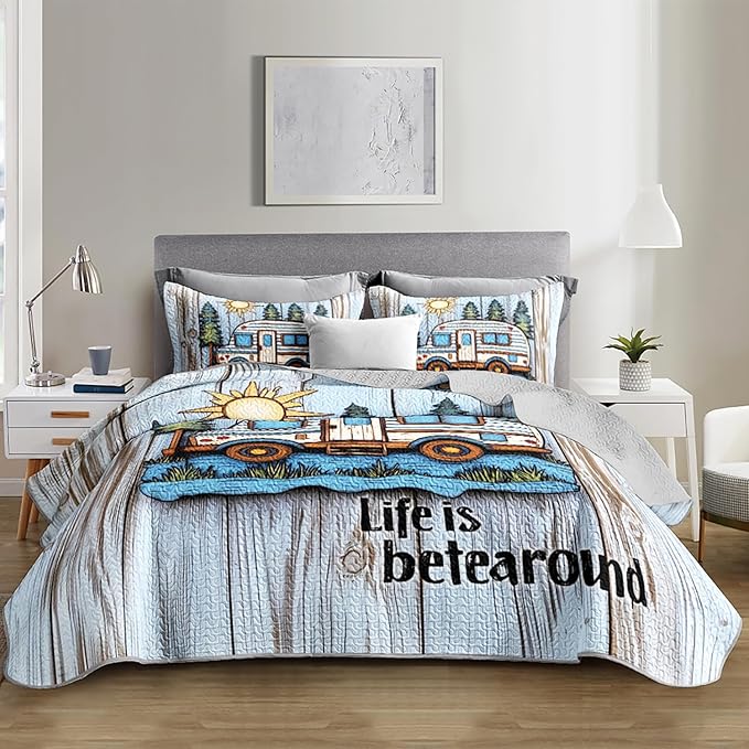 Camping Travel Trailer Bedding Queen Quilts for Bed,Retro Bedding for Kids Boys Girls Happy Camper Decor,Outdoor Camping Themed Quilt Sets with 2 Pillowcases.