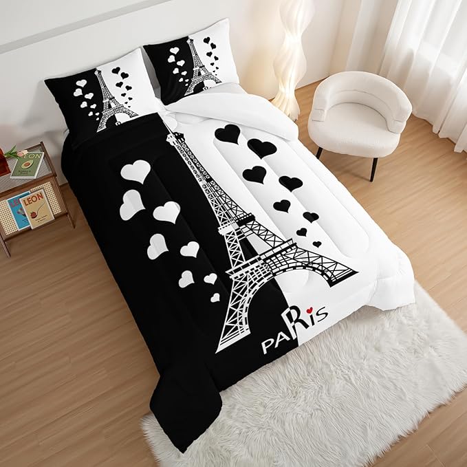HOSIMA Black and White Stitching Love Heart Paris Bedroom Comforter Set,Eiffel Tower Modern French Style Bedroom Decor,Romantic Sweet Couple Queen Size Comforter with 2 Pillow Cases.