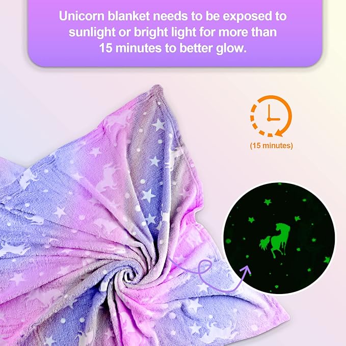 Unicorn Glow in The Dark Blankets for Kids, Soft Fleece Blankets for Girls/Toddler, Unicorns Gifts for Girls Age 3-12 50"x 60"