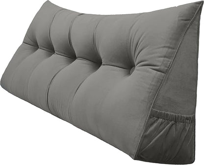 Triangular Reading Bed Rest Pillow Large Bolster Cushion Headboard Backrest Wedge Pillow with Removable Cover and Two Large Side Pockets (Grey, King: 78 x 8 x 20 inches)