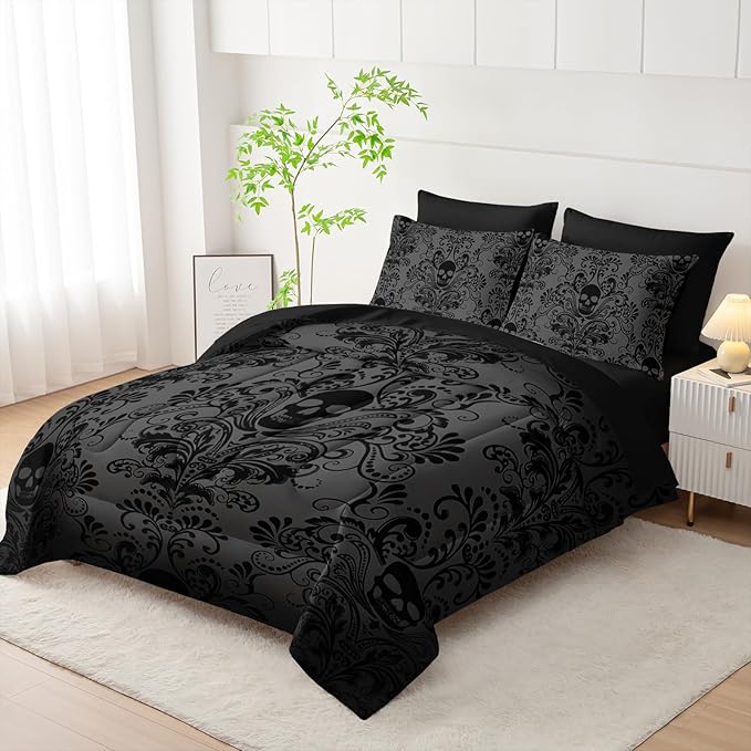 Black Skull Comforter Set 7 Piece Queen Size Bed in A Bag,Goth Bedding for Room Decor,Soft Western Comforter Boho Hippie Bedding with Fitted Sheet,Flat Sheet, Pillowcases & Shams