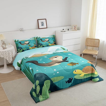 Lovely Otter Kids Comforter Set Toddler Size 2 Pcs Underwater View Cute Turtle Fish Bedding Sets for Boys Girls Teens Green Leaves Cartoon Animal Rustic Style Quilted Comforter with 1 Pillowcase