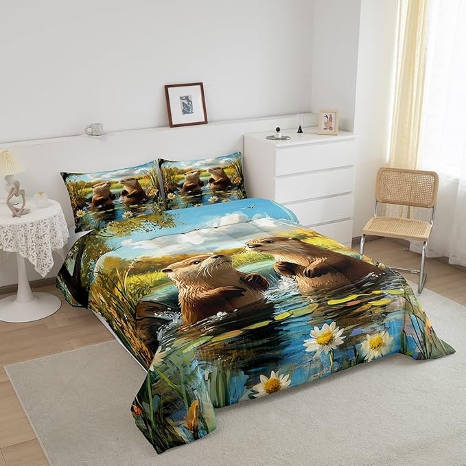 3D Otter Bedding Sets Twin Size 2 Pcs Oil Painting Style Pond Natural Scenery Comforter Set for Kids Teens Adults Retro Daisy Watercolor Plants Rustic Style Comforter Duvet Set with 1 Pillowcase