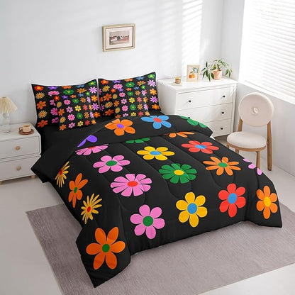 Feelyou Cute Flower 7 Piece Bedding Set King Size Colorful Flower Comforter Set with Sheets for Kids Boys Girls Black Colorful Bed in a Bag Kawaii Theme Bed Set