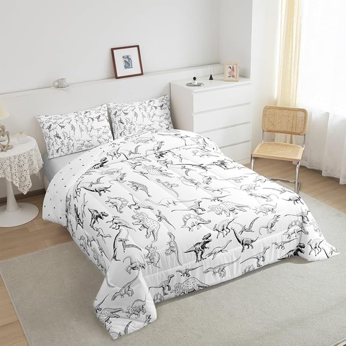 Feelyou Dinosaur Bedding Set Full Size 3D Digital Print Comforter Set for Kids Boys Girls Decor Jungle Dino Comforter Wild Animal Black and White Duvet Set Bedroom Quilt Set