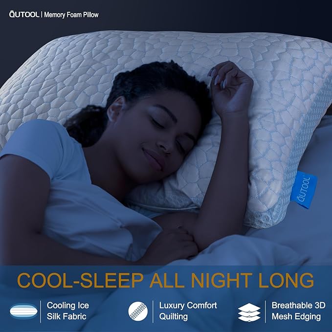 QUTOOL Enhanced Cooling Pillows Queen Size Set of 2,CertiPUR-US Shredded Memory Foam Pillows 2 Pack for Hot Sleeper, Adjustable Bed Pillow for Side, Back, Stomach Sleepers Support Yet Soft, Home Gifts
