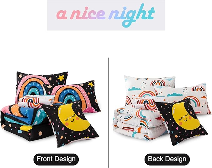 A Nice Night Bedding 6 Pcs Cartoon Rainbow Bedding Set with Smile Moon Printed for Boys Girls Bed Comforter Sets (Black, Full)