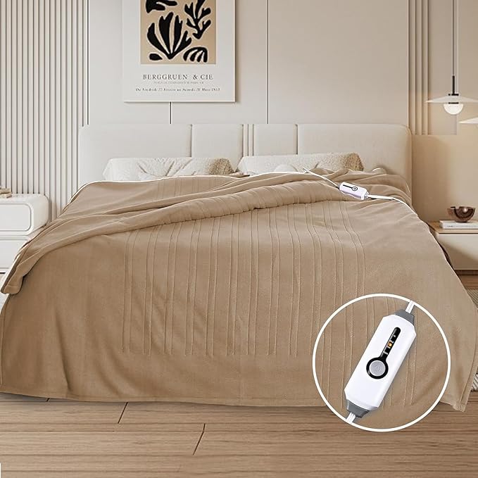Electric Heated Blanket Full 72"x84", 4 Heating Levels & 10H Auto Shut Off, Soft Single-Side, Even Heat, Easy Care, Fleece Overheating Protection, Machine Washable, Light Brown