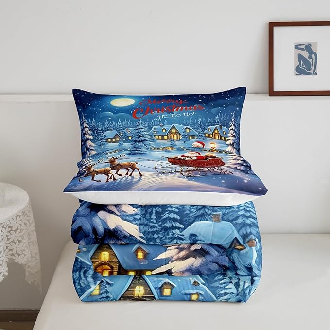 Cartoon Santa Claus Comforter Set Twin,Christmas Deer Reindeer Moose Bedding Set for Kids Boys Girls,Xmas New Year Gift Duvet Insert,Merry Christmas Tree Down Comforter with 1 Pillowcase