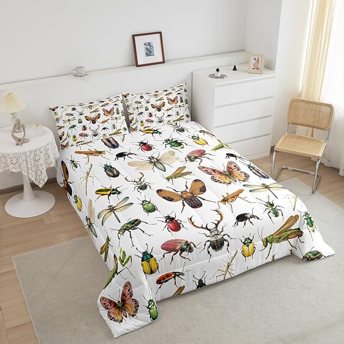 3D Insects Duvet Cover Twin,Ladybug Moth Beetle Bedding Sets 2Pcs for Kids Teens Woman Men Room Decor,Dragonfly Wildlife Comforter Cover Reptile Entomology Theme Quilt Cover,1 Pillowcase