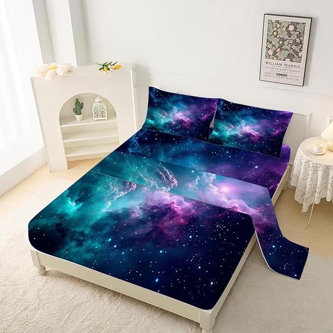 Blue Galaxy Sheet Set Twin: Space Bedding Set for Kids Teens Girls Boys Cloud Starry Sky Bedroom Bed - 1 Flat Sheet, 1 Fitted Sheet, 1 Pillowcase