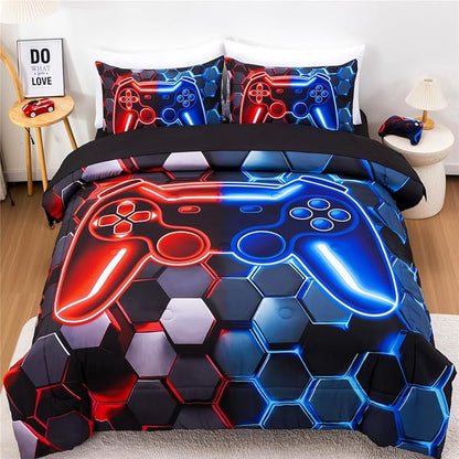 NTBED 3D Gaming Comforter Set for Boys Kids Teens,5pcs Gamer Bedding Sets with Sheet,Game Console Bed in a Bag (Red Blue, Full)
