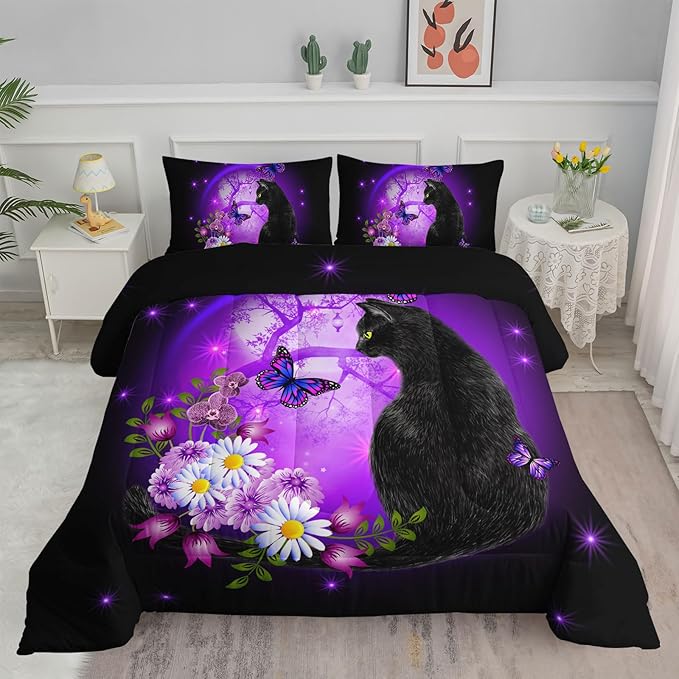 Axolotl Black Cartoon Cat Bedding Comforter Set King,Cute Cat Bedding for Kids,Daisy Butterflies Print Kids Bedding for Boys Girls Adults,Animal Flowers Comforter Set All Season,1 Quilt 2 Pillow Cases