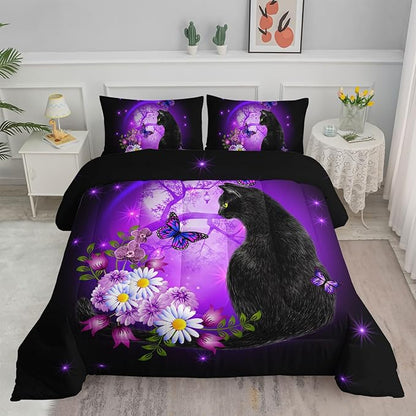 Black Cat Bedding Cartoon Cat Comforter Set Queen,Daisy Butterflies Printed Kids Bedding Set for Kids Boys Girls Adults Room Decor,Kids Comforter Set All Season,1 Quilt 2 Pillow Cases