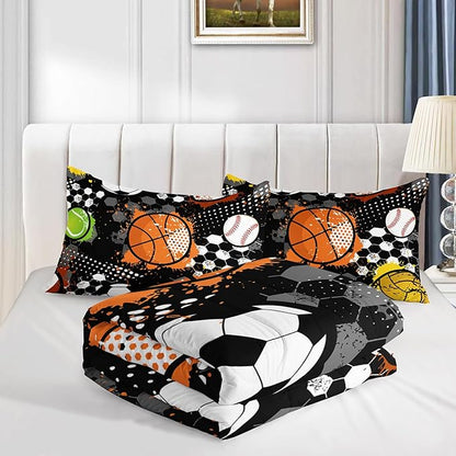 Kids Sports Balls Bedding Full Comforter Set for Boys,Tie-Dyed Football Basketball Baseball Print Comforter Set for Kids Bedroom Decor,Sports Themed Bedding Comforter Set with 2 Pillowcases.