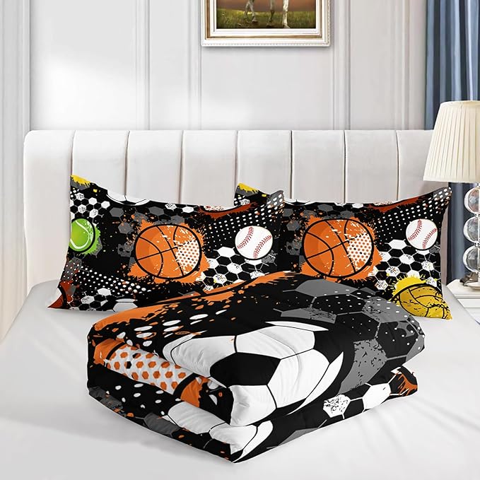 Kids Sports Balls Bedding Queen Comforter Set for Boys,Tie-Dyed Football Basketball Baseball Print Comforter Set for Kids Bedroom Decor,Sports Themed Bedding Comforter Set with 2 Pillowcases.