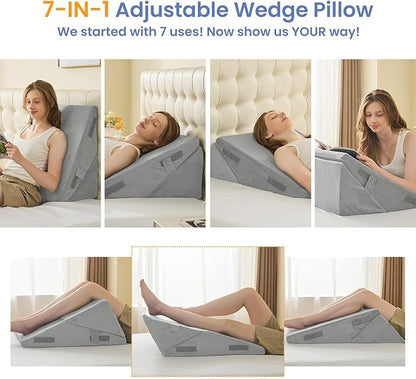 Sasttie Wedge Pillow for After Surgery, Adjustable Bed Wedge Pillow Headboard for Acid Reflux, Sleeping, Neck & Back Support, with Removable Cover, Light Grey & Velvet