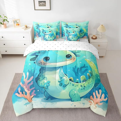 Feelyou Cute Axolotl 7 Piece Bedding Set King Size Cute Blue Teal Axolotl for Kids Boys Girls Teens Toddler Ocean Animal Bed in a Bag Comforter Set with Sheets Cartoon Bed Set